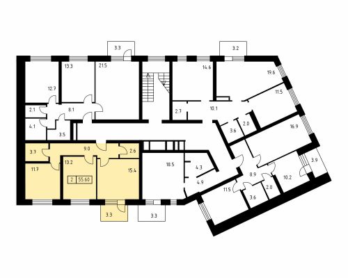 2-комнатная, квартира, 55.6 м²