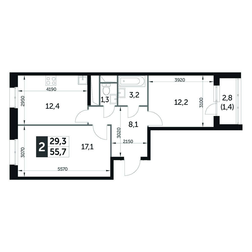 2-комнатная квартира №379, 55,7 м² за 10,53 млн руб. в ЖК «Датский квартал» - планировка