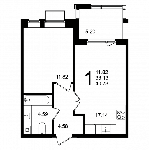 1-комнатная, квартира, 40.5 м²