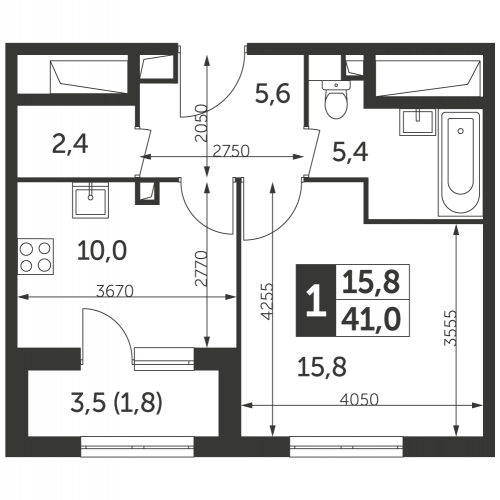 1-комнатная, квартира, 41 м²