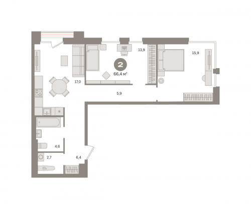 2-комнатная, квартира, 66.4 м²