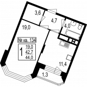 1-комнатная квартира 44 м²