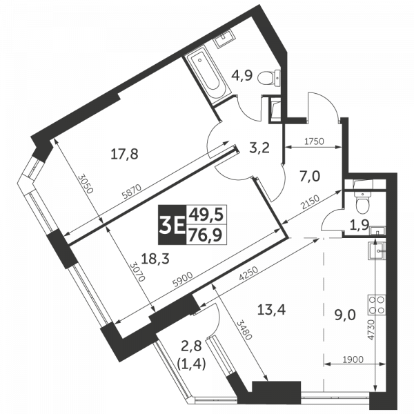 3 комнаты до 76.9