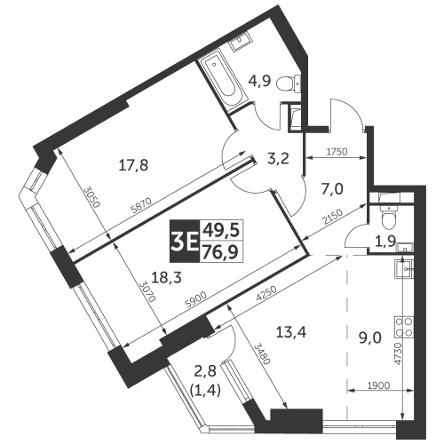 3-комнатная, квартира, 76.9 м²