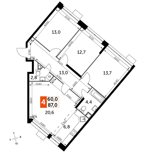 Многокомнатная, 87 м²