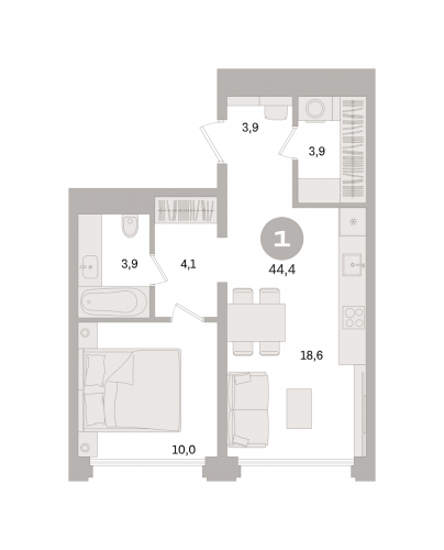 1-комнатная, квартира, 44.4 м²