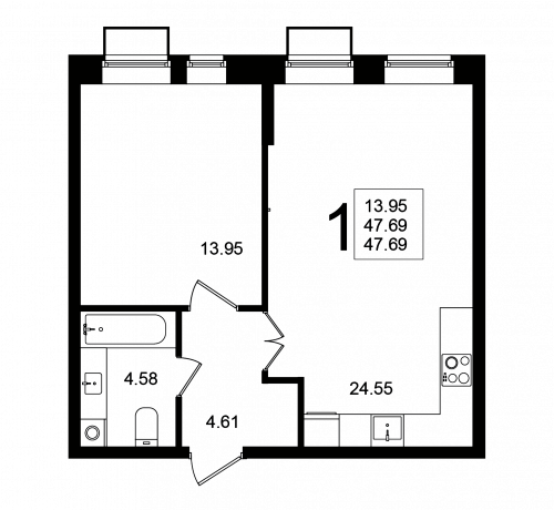 1-комнатная, квартира, 47.69 м²