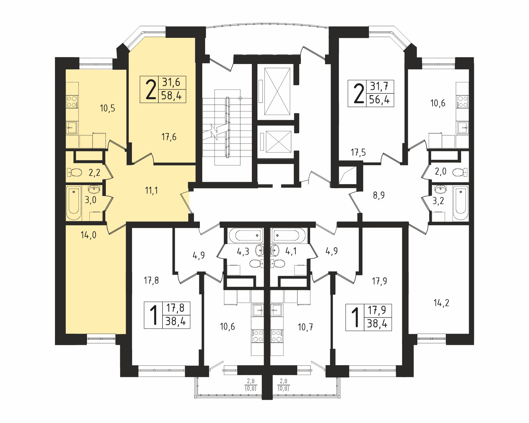 2-комнатная квартира №413, 58,4 м² за 6,03 млн руб. в ЖК «Восточный» - планировка