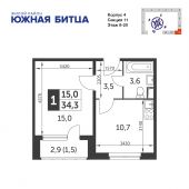 1-комнатная квартира 34,3 м²