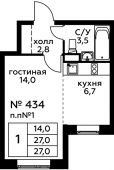 1-комнатная квартира 27 м²