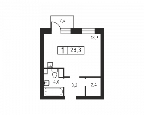 1-комнатная, 28.3 м²