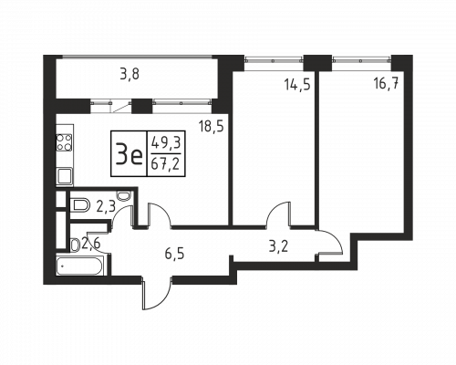 3-комнатная, квартира, 67.9 м²