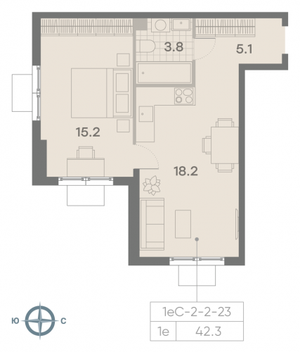 1-комнатная, квартира, 42.3 м²