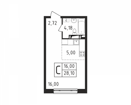 Студия, 28.1 м²