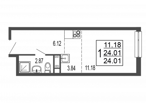 Студия, 24.6 м²