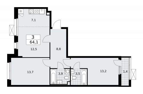 3-комнатная, 64.1 м²