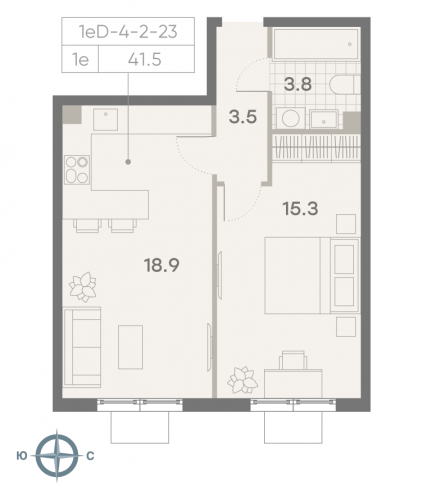1-комнатная, квартира, 41.5 м²