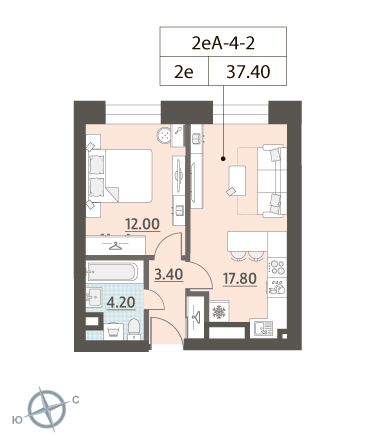 1-комнатная, квартира, 37.4 м²