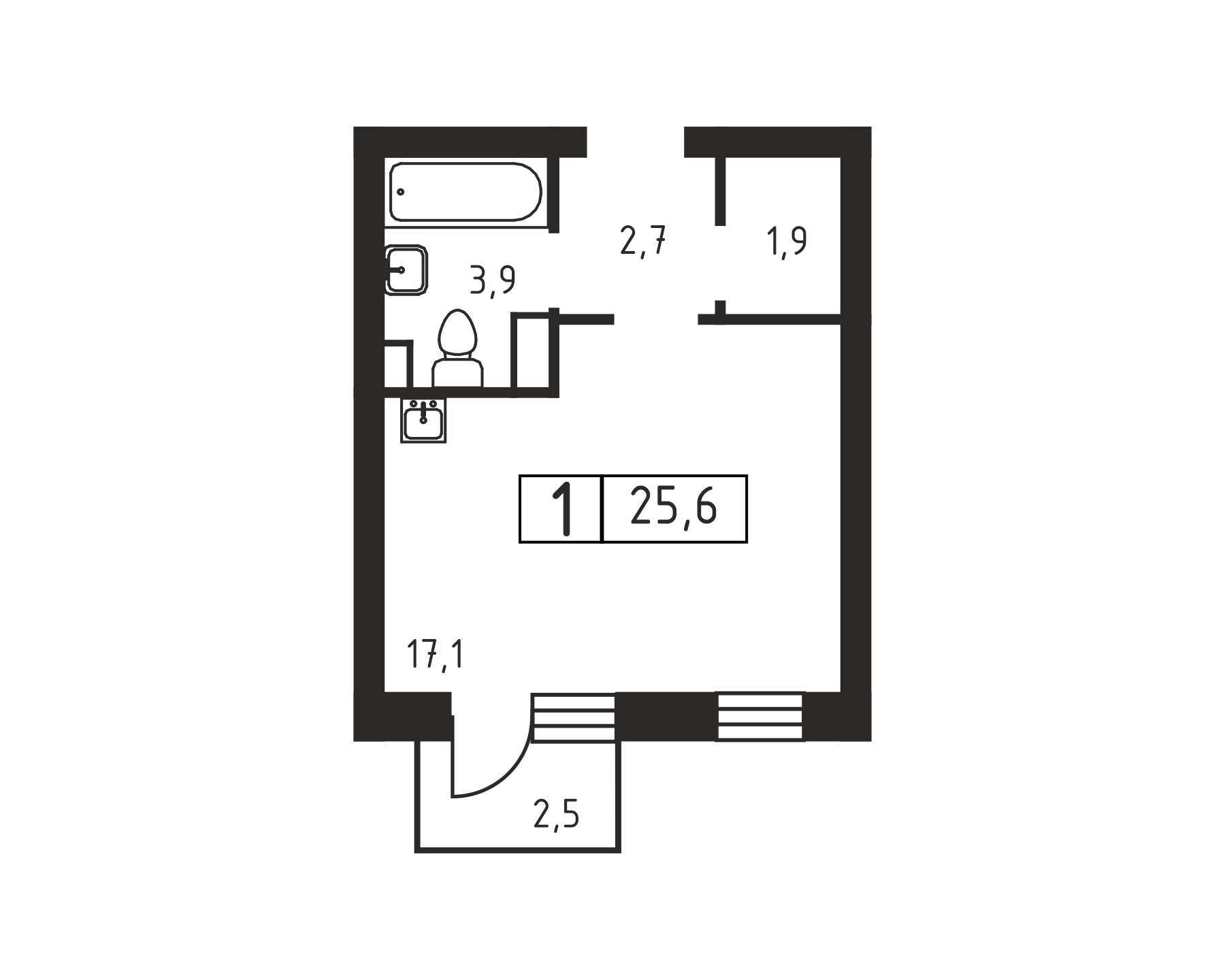 1-комнатная квартира №11, 25,6 м² за 3,17 млн руб. в ЖК «Шотландия» - планировка