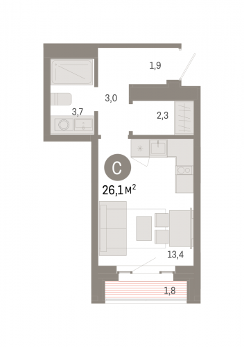 Студия, 26.1 м²