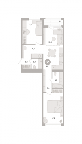 2-комнатная, квартира, 76.7 м²