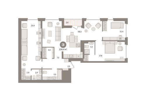 3-комнатная, квартира, 124.44 м²