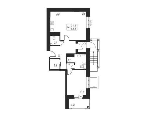 2-комнатная, квартира, 66.4 м²