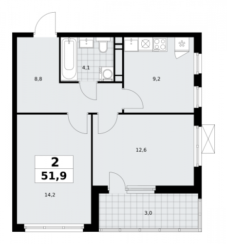 2-комнатная, 51.9 м²