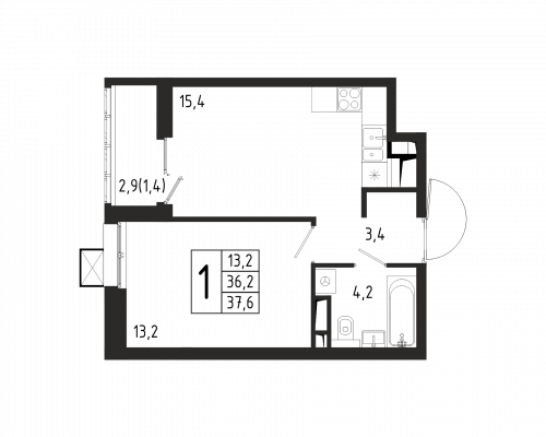 1-комнатная, квартира, 37.6 м²