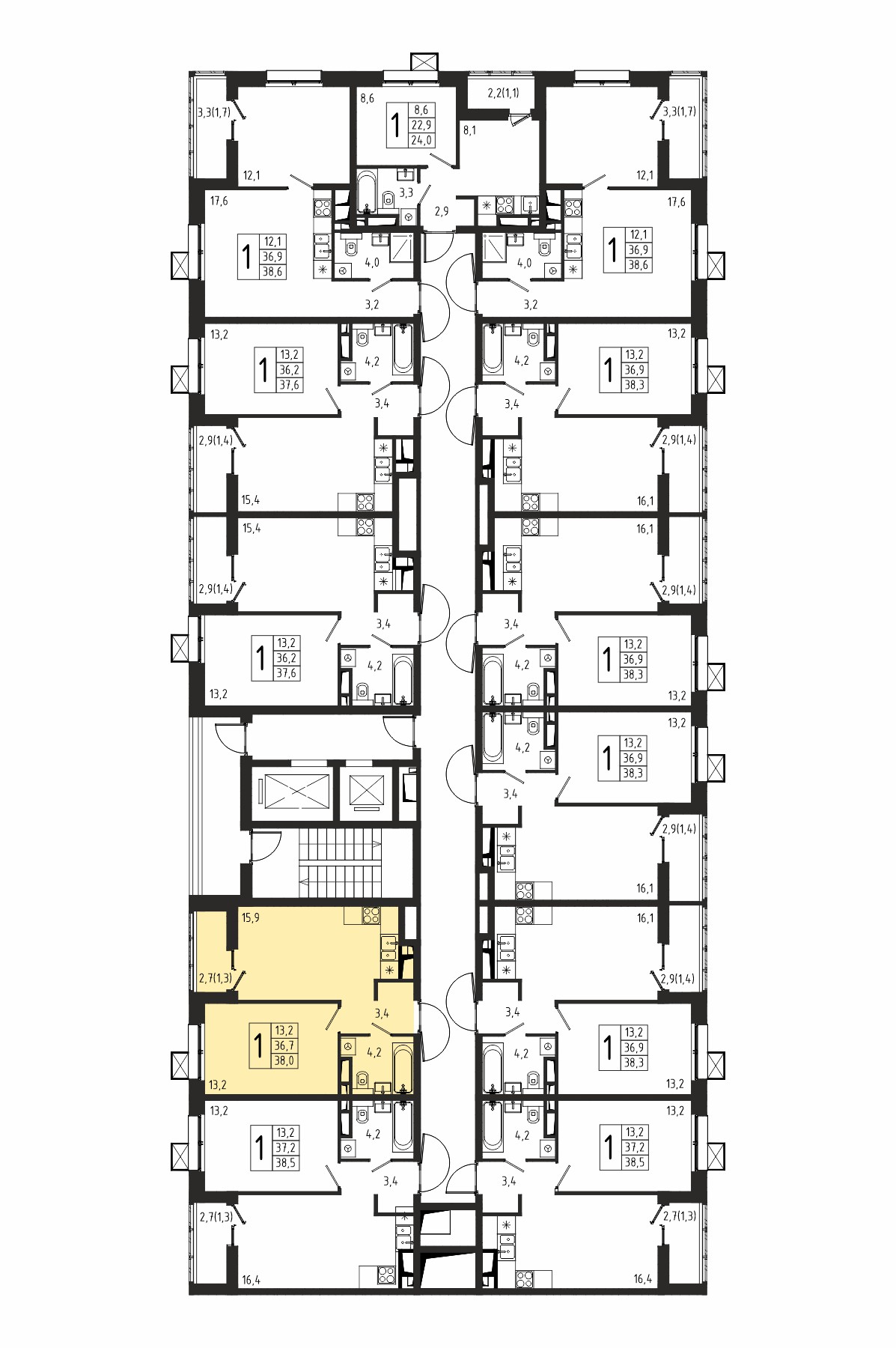 1-комнатная квартира №119, 38,0 м² за 6,25 млн руб. в ЖК «Берег» 2 очередь - планировка