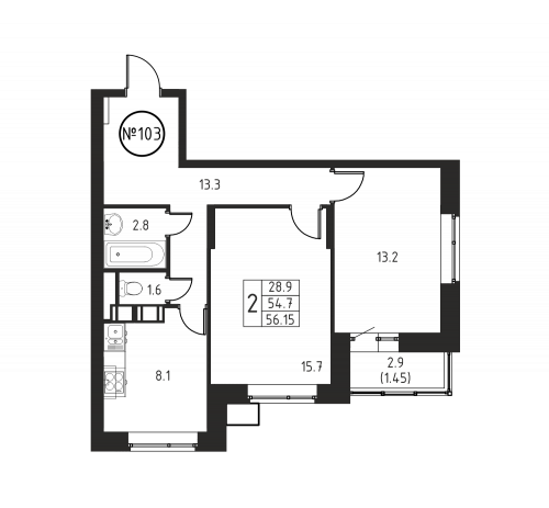 2-комнатная, квартира, 56.15 м²