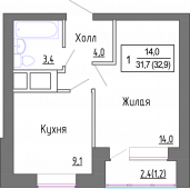 1-комнатная квартира 31,7 м²