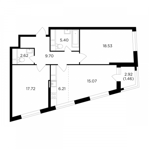 3-комнатная, 76.71 м²