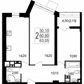 2-комнатная квартира 60.57 м²