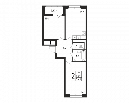 2-комнатная, квартира, 54.3 м²