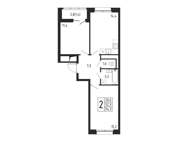 2 комнаты до 54.3