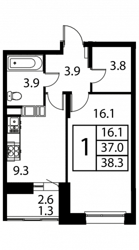 1-комнатная, квартира, 38.3 м²