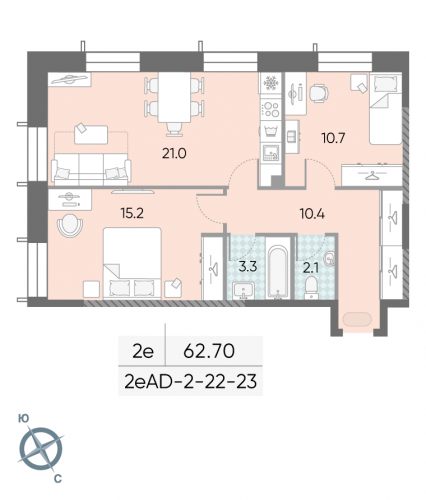 2-комнатная, 62.7 м²
