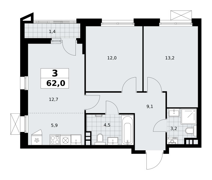 3-комнатная квартира №58К-7.1.1-7, 62,0 м² за 16,41 млн руб. в ЖК «Прокшино» - планировка
