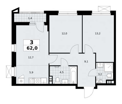 3-комнатная, 62 м²