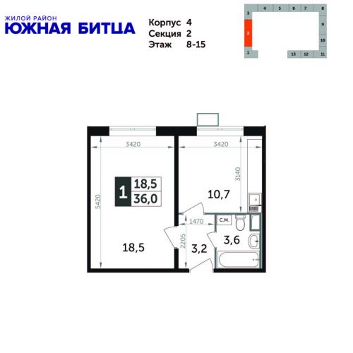 1-комнатная, квартира, 36 м²