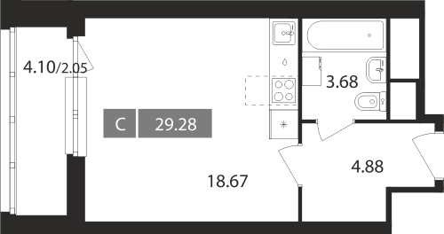 Студия, 29.28 м²