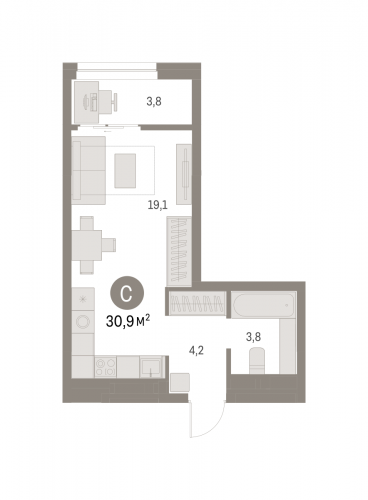 Студия, 30.94 м²