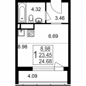 1-комнатная квартира 24,68 м²
