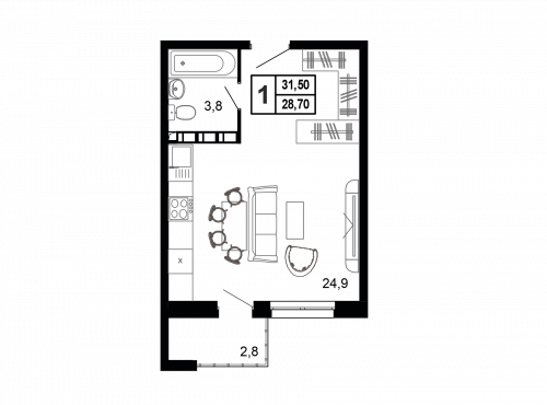 Студия, 30.3 м²