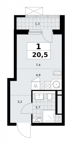 1-комнатная, 20.5 м²