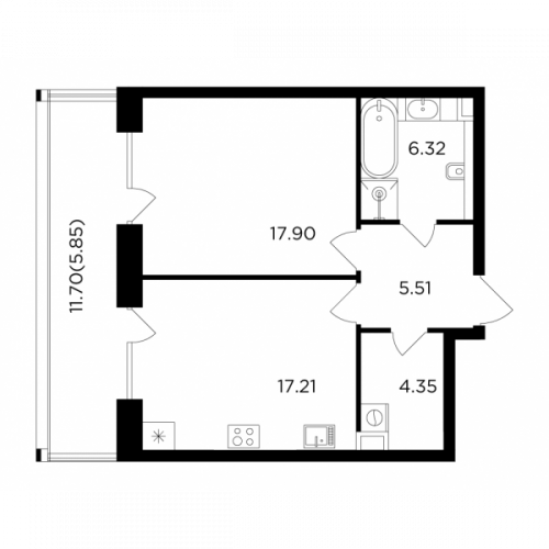 1-комнатная, квартира, 57.14 м²
