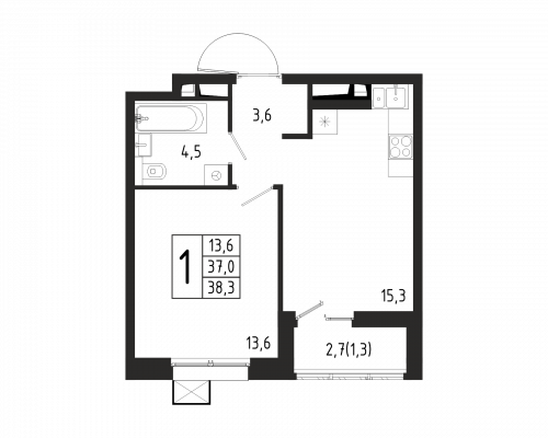 1-комнатная, квартира, 38.3 м²