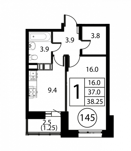 1-комнатная, квартира, 38.25 м²