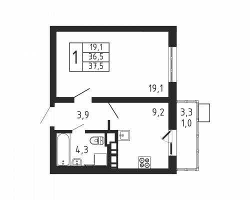 1-комнатная, квартира, 37.5 м²